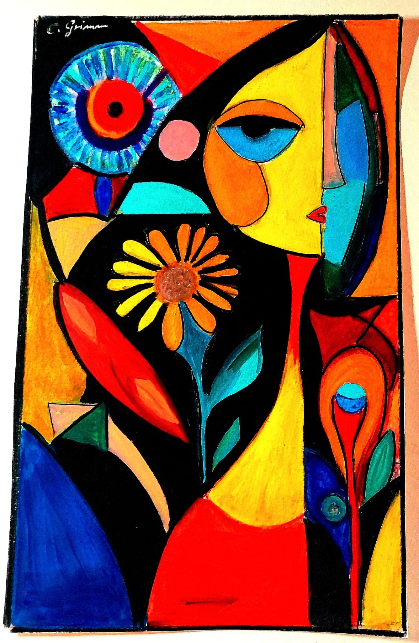 „Blumen“ — kubistische Frau mit Blume, Gemälde von Claudia Grimm
