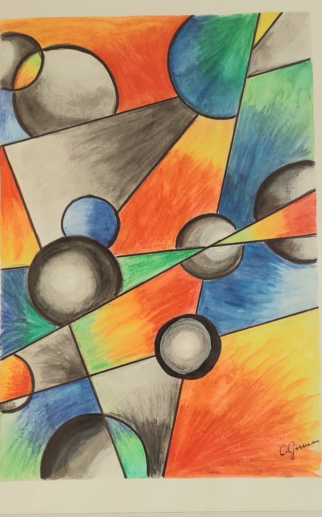 „Bälle“ — Gemälde mit Kugeln auf buntem geometrischem Grund von Claudia Grimm